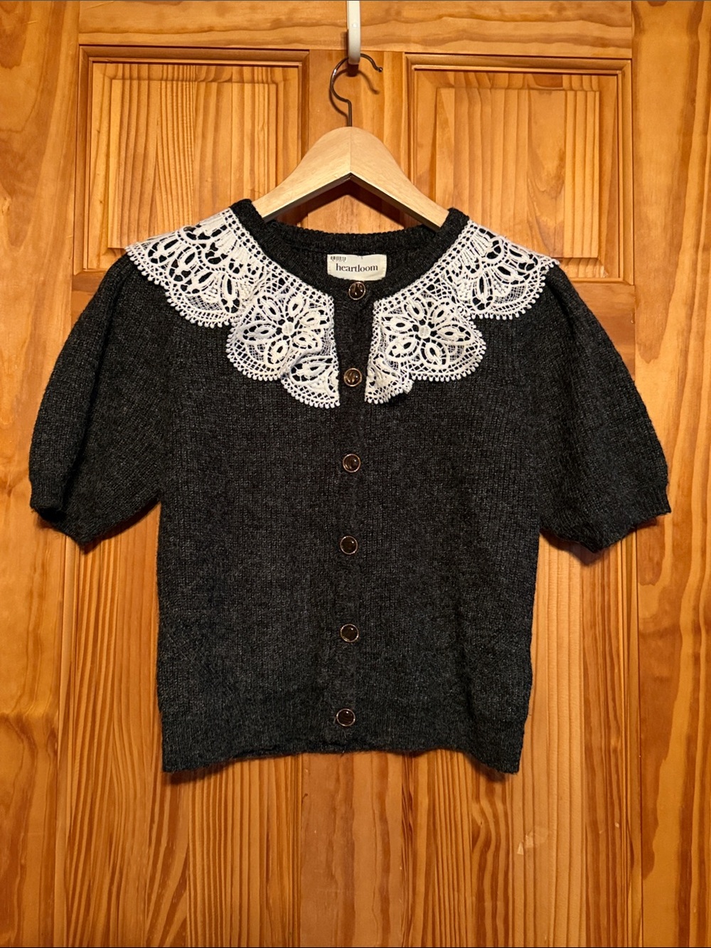 Anthropologie Heartloom Charcoal Knit Cardigan with White Lace Collar